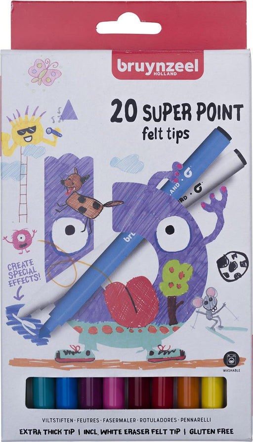 Bruynzeel Kids viltstiften Super Point, 20 stuks in diverse kleuren met dikke punt - OfficeTown