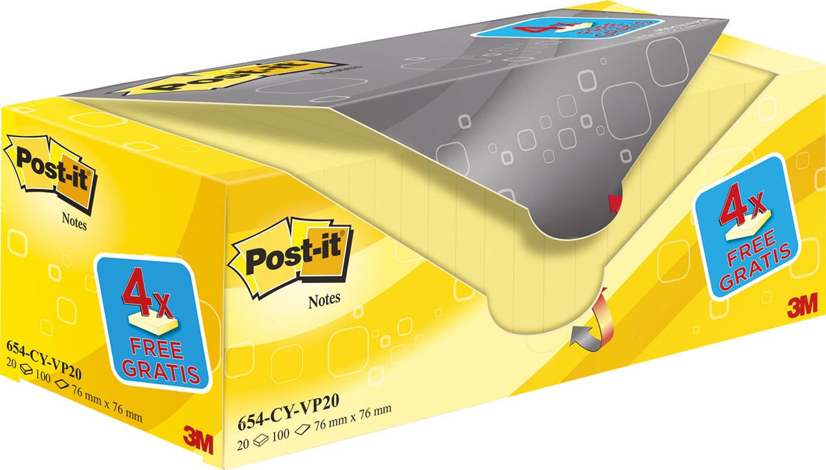 Post-it Notes, 100 vellen, afmeting 76 x 76 mm, geel, pak van 16 blokken + 4 gratis