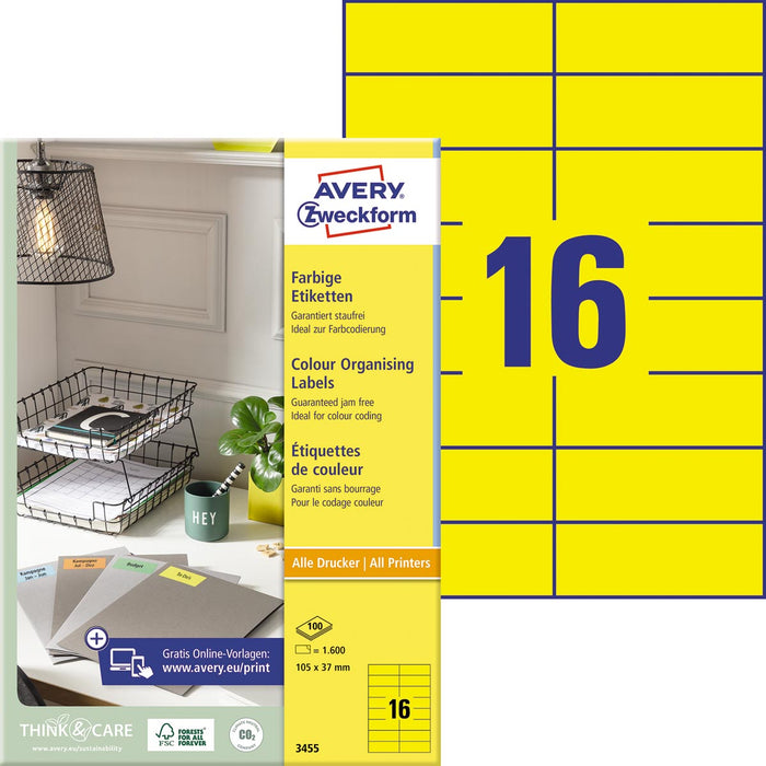 Avery gekleurde universele etiketten, geel (105 x 37 mm, 1600 stuks) met gratis Design & Print software