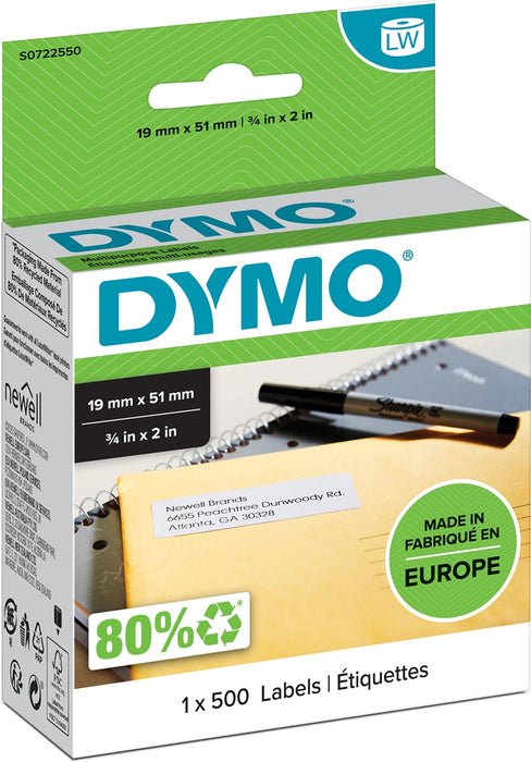 Dymo etiketten LabelWriter ft 19 x 51 mm, verwijderbaar, wit, 500 etiketten