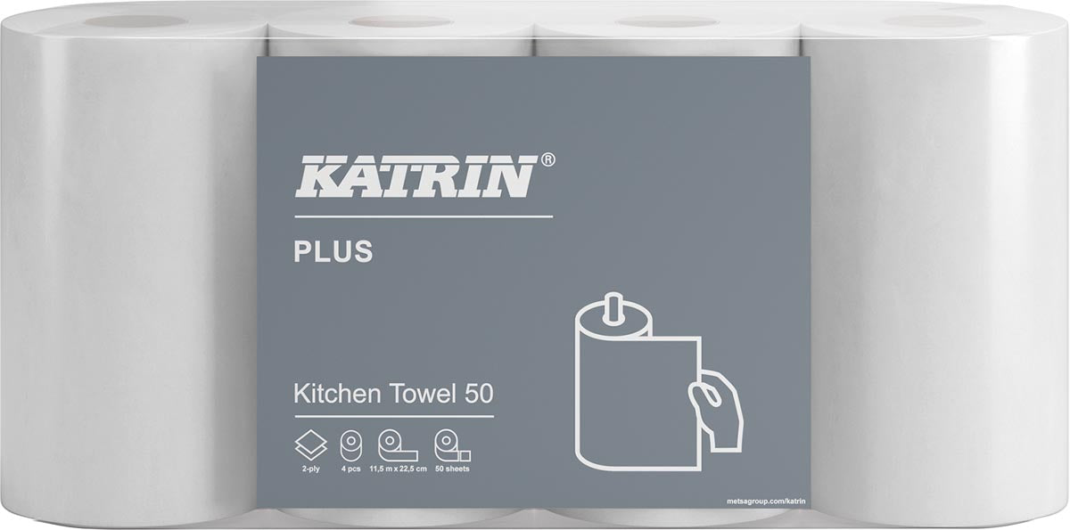 Katrin Plus keukenpapier, 2-laags, 50 vel per rol, pak van 4 rollen