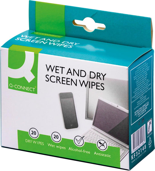 Q-CONNECT Wet & Dry beeldschermreinigingsdoekjes, doos van 20 paar (1 Wet en 1 Dry) 20 stuks, OfficeTown