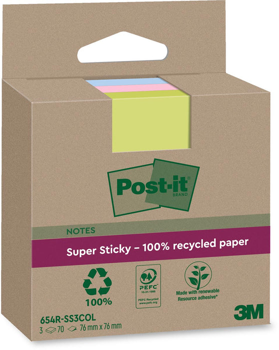 Post-it Super Sticky Notes Gerecycled, 70 vellen, afm. 76 x 76 mm, assorti, verpakking van 3 blokken