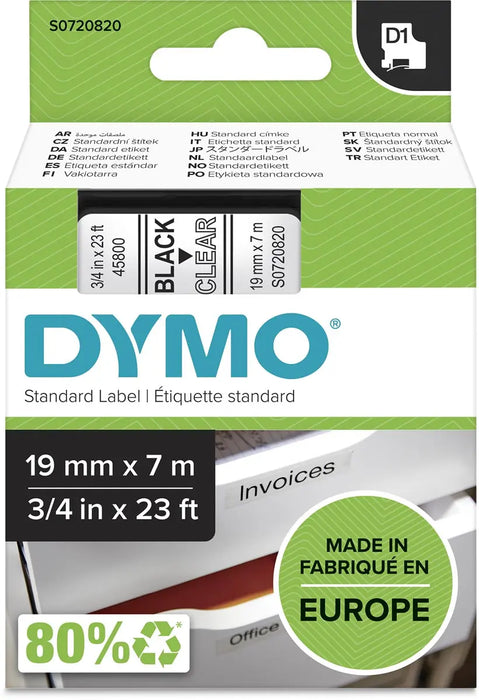 Dymo D1 tape 19 mm, zwart op transparant