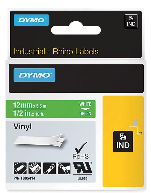Dymo RHINO vinyltape 12 mm, wit op groen, OfficeTown
