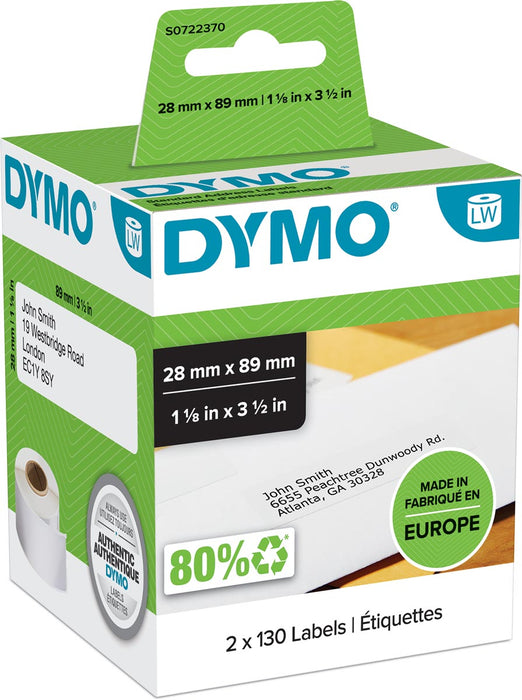 Dymo etiketten LabelWriter ft 89 x 28 mm, wit, 260 etiketten
