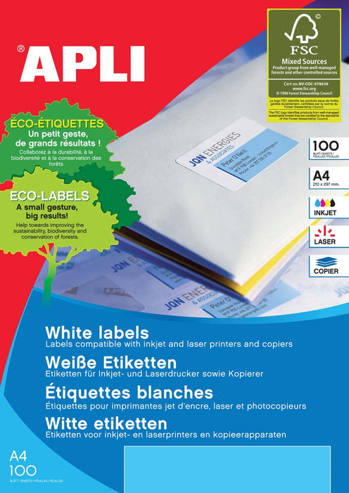 Witte etiketten Apli, 199,6 x 289,1 mm, 100 stuks per doos