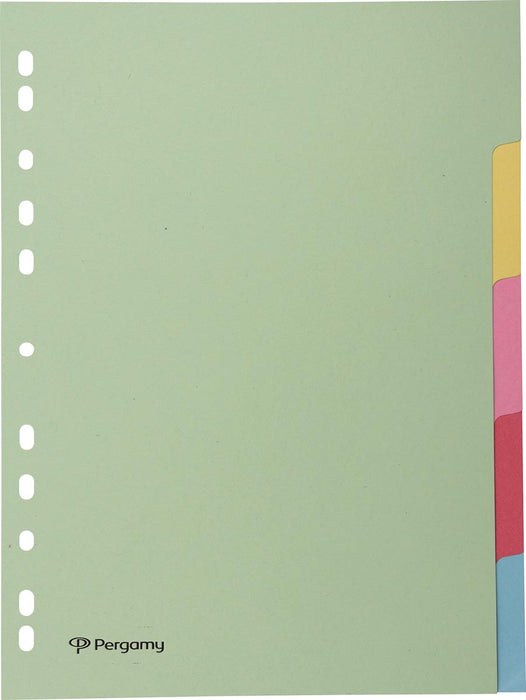 Tabbladen van Pergamy A4-formaat, 11-gaatsperforatie, karton, assortiment pastelkleuren, 5 tabs 50 stuks