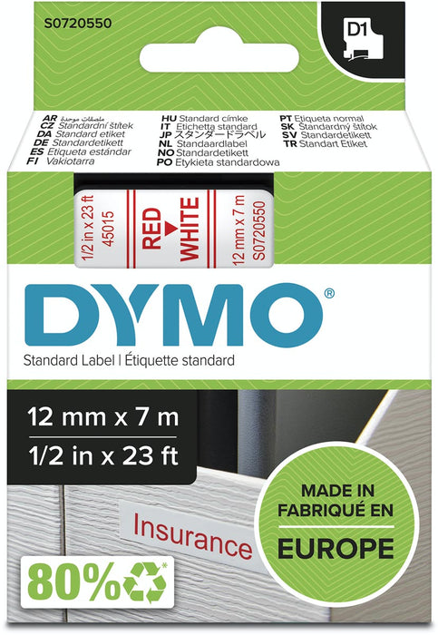Dymo D1-tape 12 mm, rood op wit met linten
