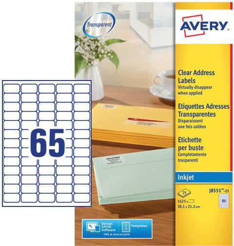 Avery J8551-25 mini etiketten ft 38,1 x 21,2 mm (b x h), 1.625 etiketten, transparant