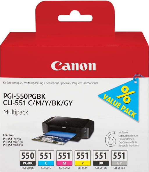 Canon inktcartridge PGI - 550PGBK+CLI - 551, OEM 6496B005, zwart, pigment zwart, cyaan, magenta, geel, grijs - OfficeTown