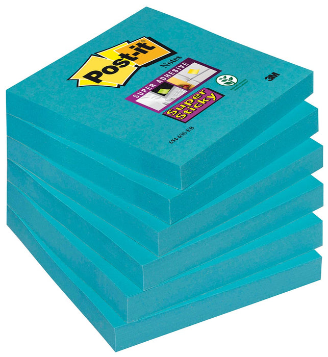 Post-it Super Sticky notes, 90 vel, ft 76 x 76 mm, pak van 6 blokken, blauw (paradise blue)