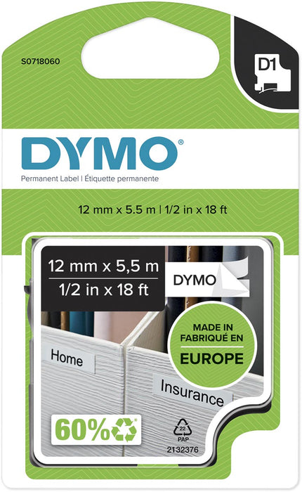 Dymo D1 permanent polyester tape 12 mm, zwart op wit met een lengte van 5,5 m