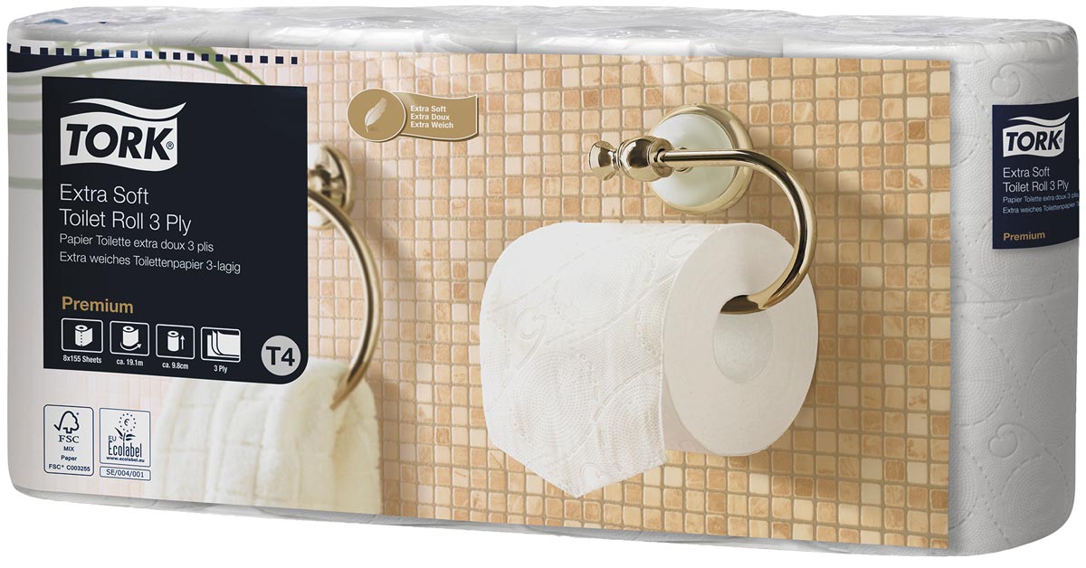 Tork Toiletpapier Extra Zacht 3-laags, Wit, 155 Vel, voor T4-systeem, 8 rollen