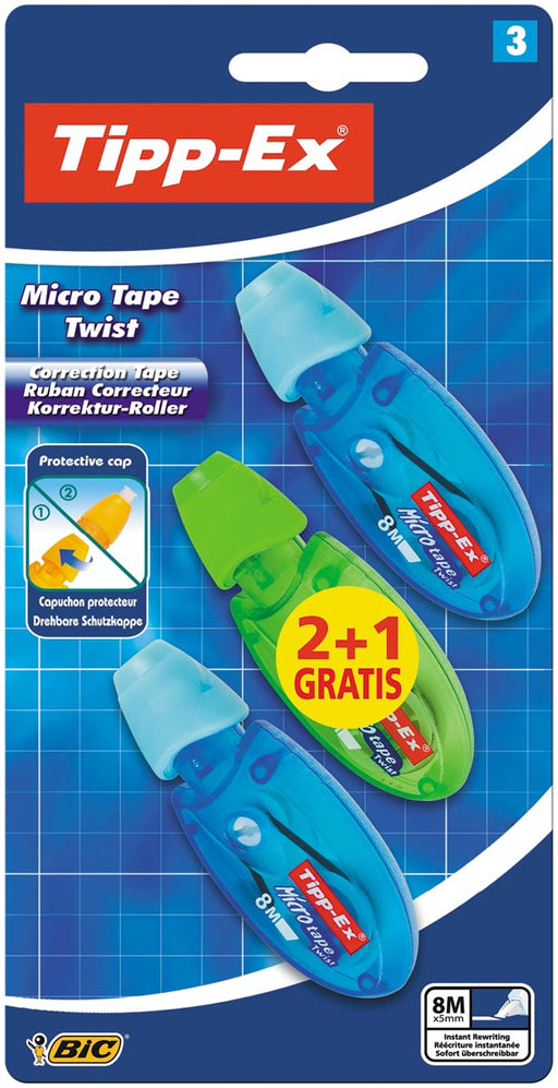 Tipp-Ex correctieoller Micro Tape Twist blauw en groen, blister 2+1 gratis 10 stuks, OfficeTown