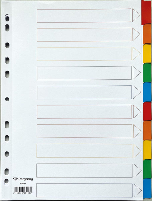 Pergamy tabbladen met indexblad, ft A4, 11-gaatsperforatie, geassorteerde kleuren, 10 tabs 25 stuks, OfficeTown