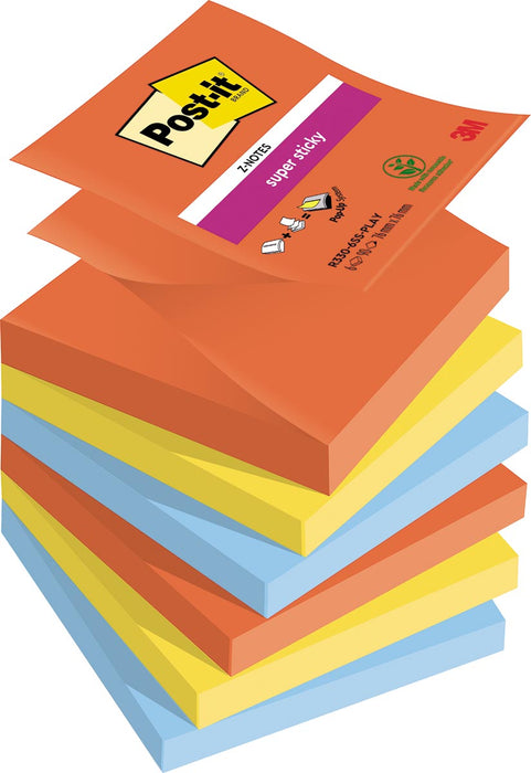 Post-it Super Sticky Z-notes Speels, 90 vel, ft 76 x 76 mm, Assortiment van kleuren, pak van 6 blokken 12 stuks