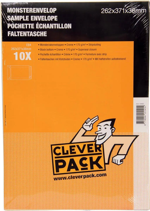 Cleverpack monsterenveloppen, ft 262 x 371 x 38 mm, met stripsluiting, crème, pak van 10 stuks - OfficeTown