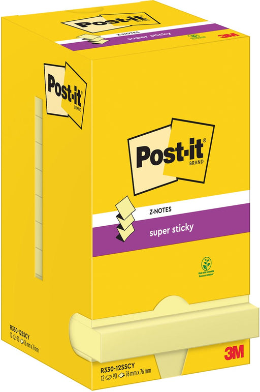 Post-It Super Sticky Z-Notes, 90 vel, ft 76 x 76 mm, geel, pak van 12 blokken 12 stuks, OfficeTown
