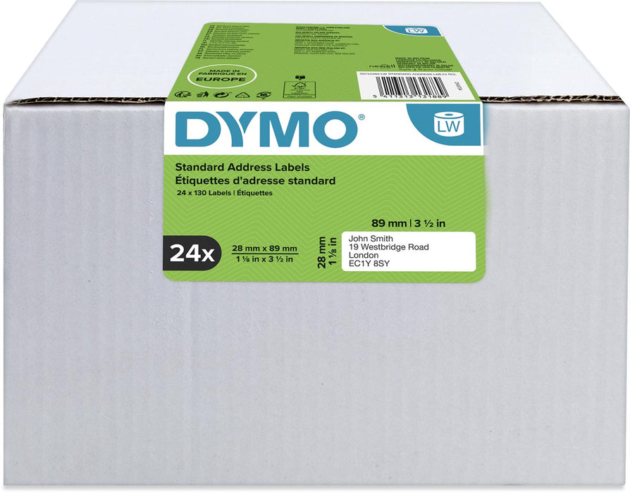 Dymo Waardepack: Etiketten LabelWriter ft 89 x 28 mm, wit, doos van 24 x 130 etiketten