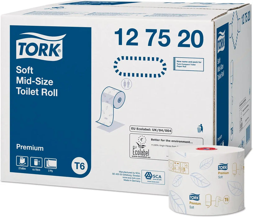 Tork Premium toiletpapier zacht, middelgroot, 2-laags, systeem T6, wit, 27 rollen