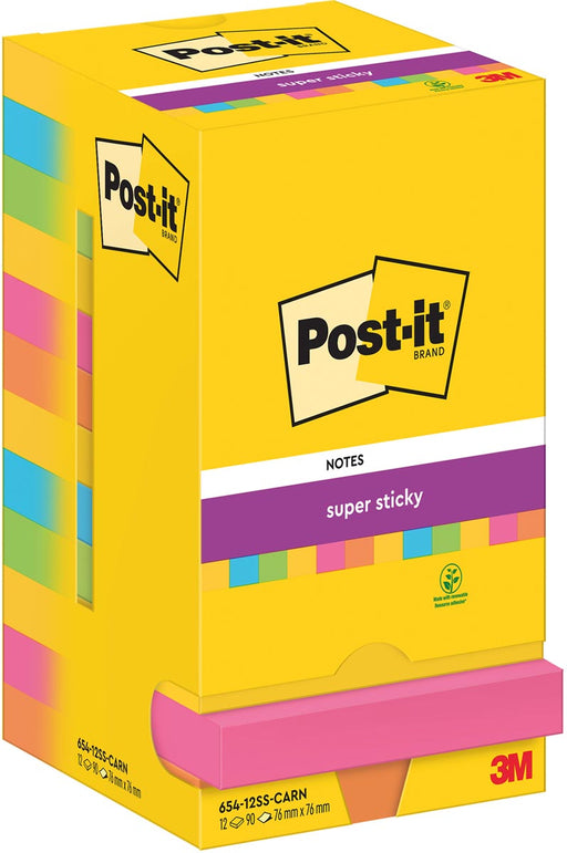 Post-It Super Sticky Notes Carnival, 90 vel, ft 76 x 76 mm, pak van 12 blokken 12 stuks, OfficeTown