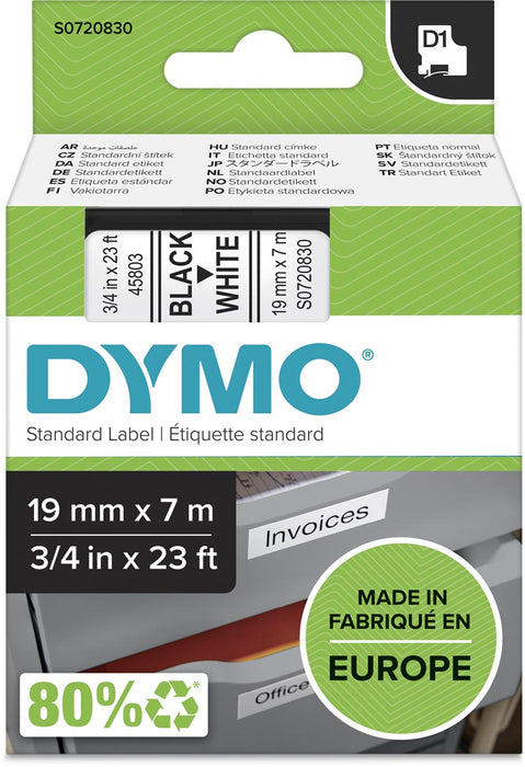 Dymo D1-tape 19 mm, zwart op wit met linten voor diverse labelprinters