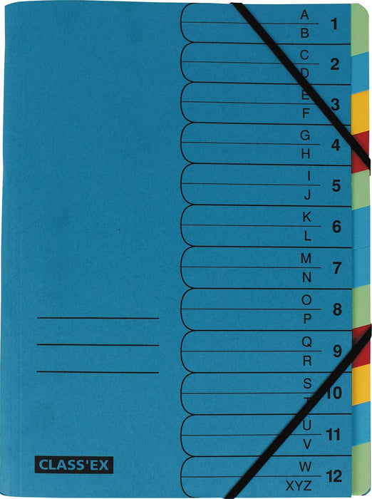 Sorteermap A-Z en 1-12 van gerecycled karton, blauw met 12 tabs in verschillende kleuren