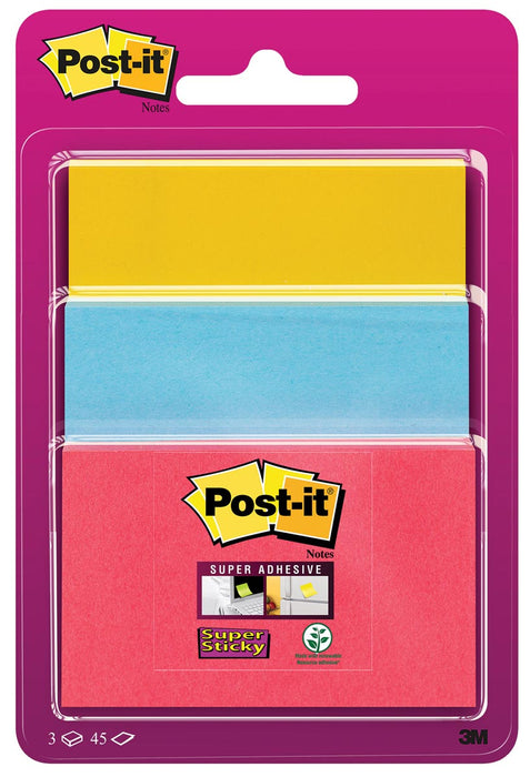 Post-it Super Sticky notities, 45 vellen, 3 formaten, geassorteerde kleuren, op blister