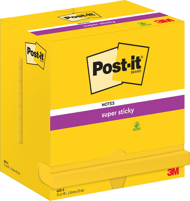 Post-it Super Sticky notities, 90 vellen, afmetingen 76 x 127 mm, doos van 12 blokken, neon geel