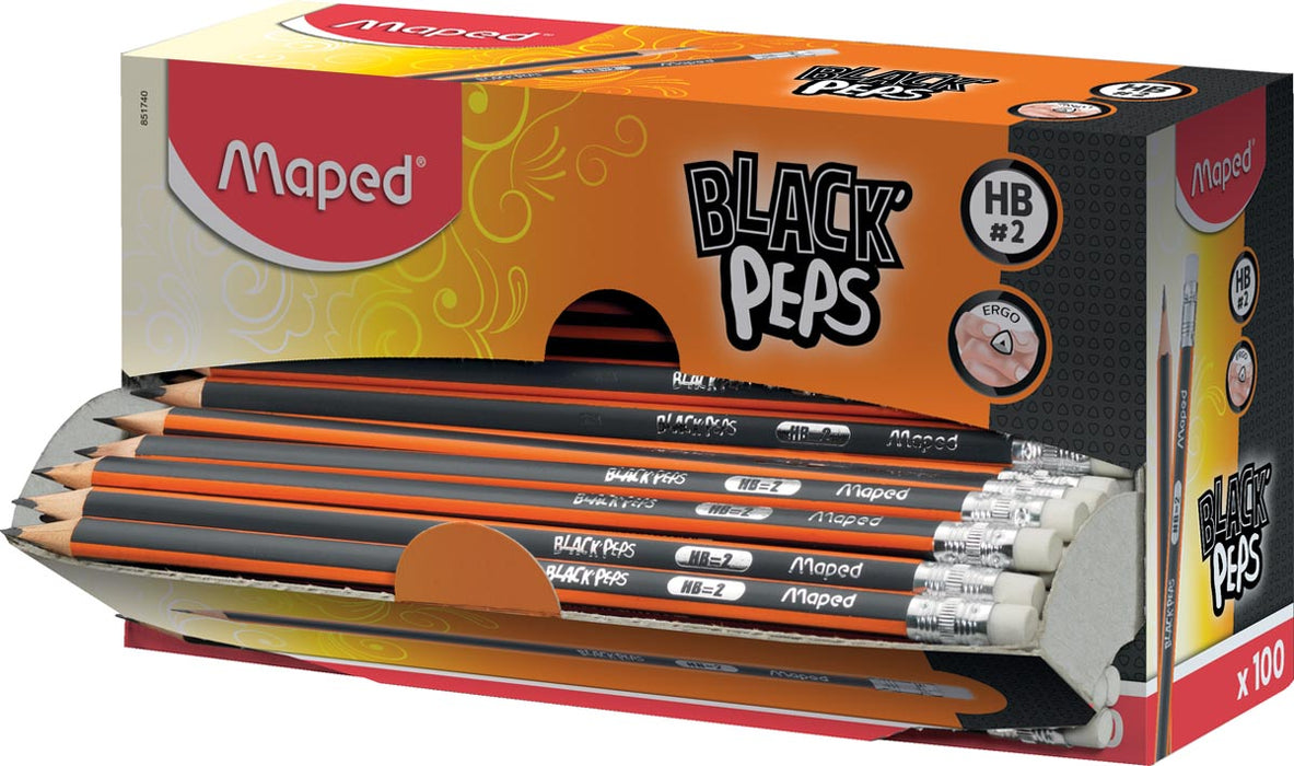 Maped potlood Black'Peps HB, met gum, kartonnen displaydoos van 100 stuks 12 stuks