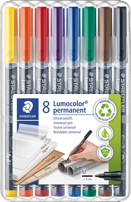 Staedtler Lumocoler 317, OHP-marker, permanent, 1,0 mm, etui van 8 stuks in geassorteerde kleuren 10 stuks