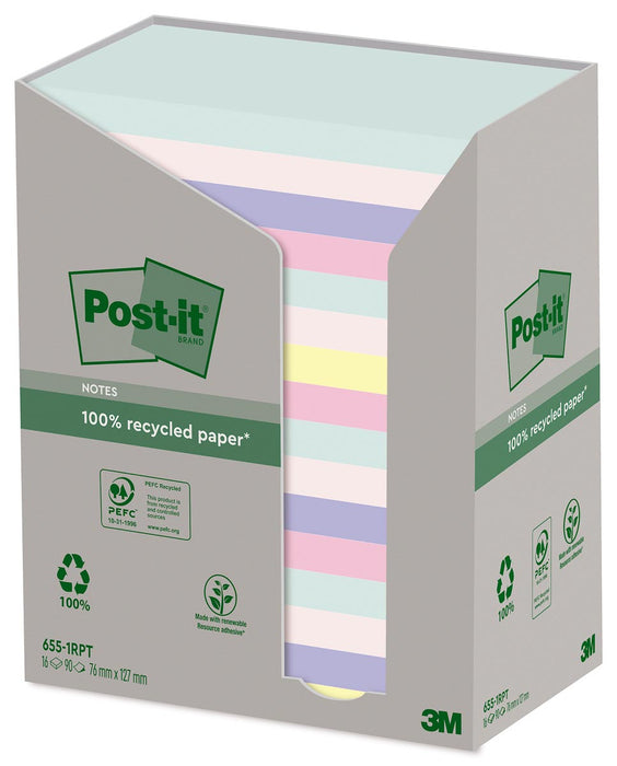 Post-it gerecycleerde notities Natuur, 100 vellen, ft 76 x 127 mm, pak van 16 blokken, diverse kleuren