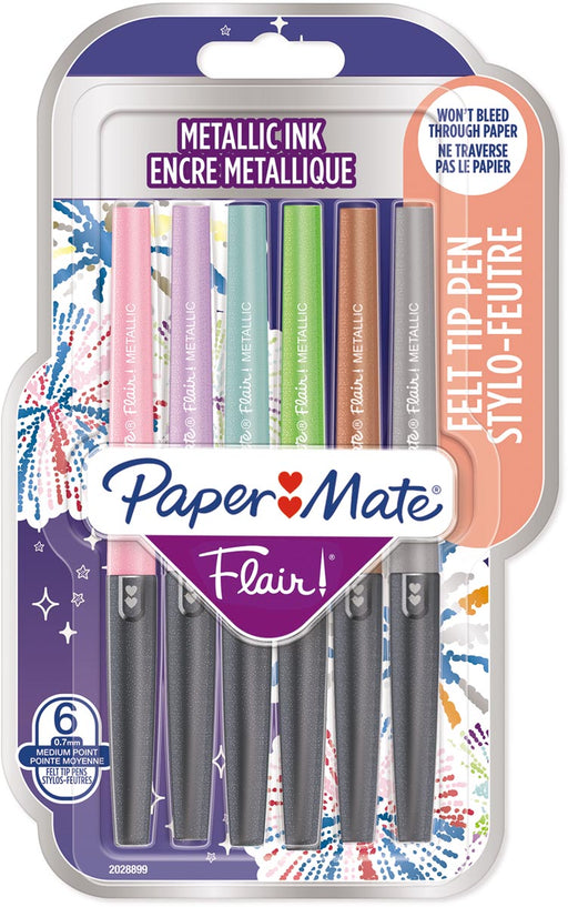 Paper Mate fineliner Flair, blister van 6 stuks in geassorteerde metallic kleuren 12 stuks, OfficeTown
