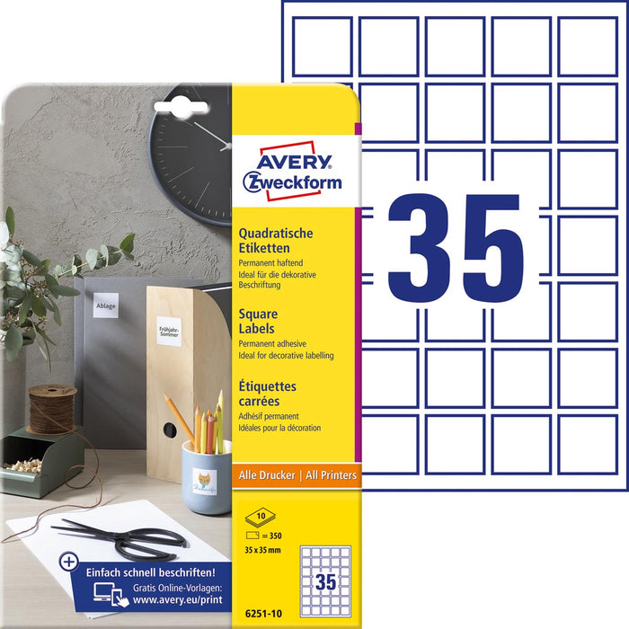 Avery Zweckform vierkante etiketten, 35 x 35 mm, wit, permanent klevend, 350 etiketten, 10 vellen