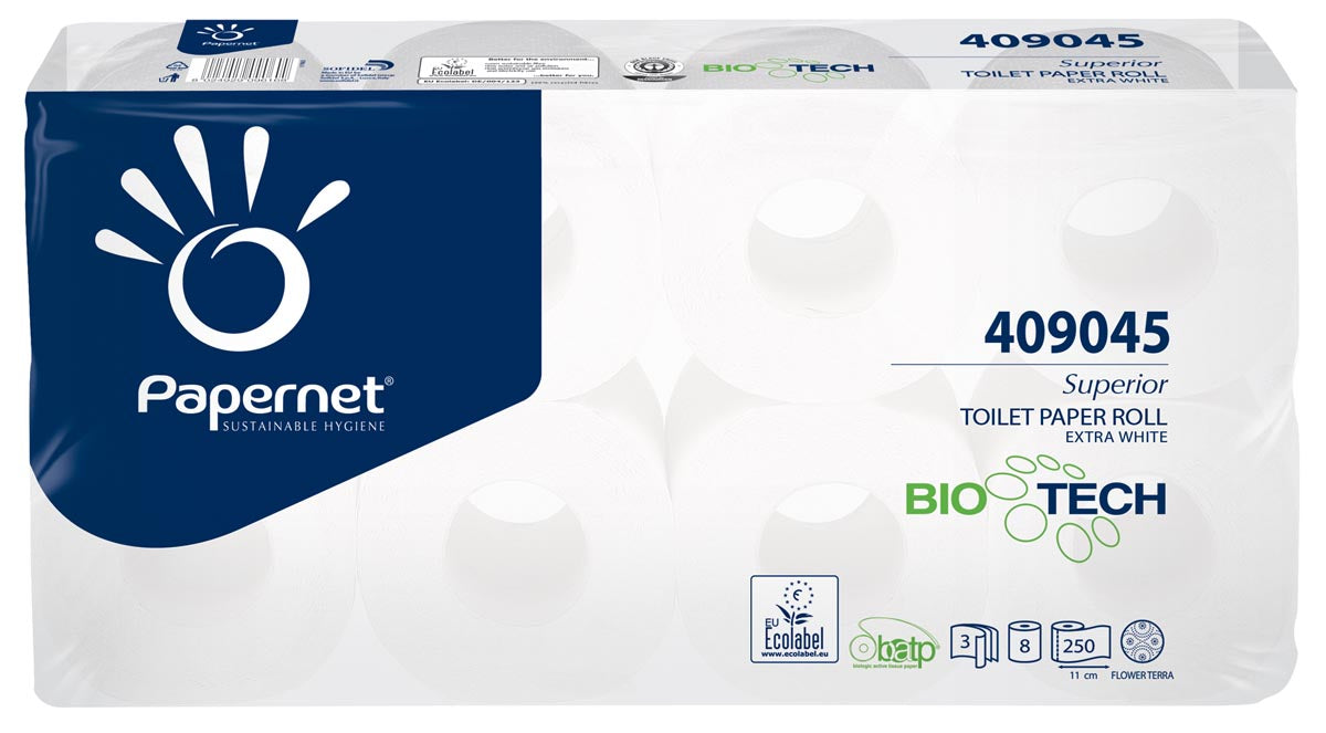 Papernet Superior toiletpapier, 3-laags, 250 vellen, verpakking van 8 rollen met EU Ecolabel