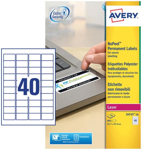 Avery L6145-20 NoPeel etiketten ft 45,7 x 25,4 mm (b x h), 800 etiketten, wit 5 stuks, OfficeTown