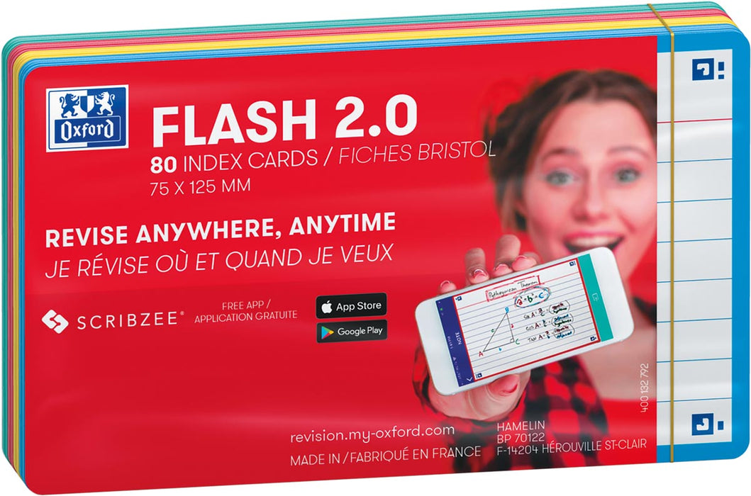 Oxford Flash 2.0 flashcard starterskit, gelinieerd, A7, assorti, 80 vellen