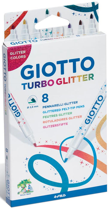 Giotto Turbo Glitter viltstiften, kartonnen etui met 8 stuks in diverse kleuren