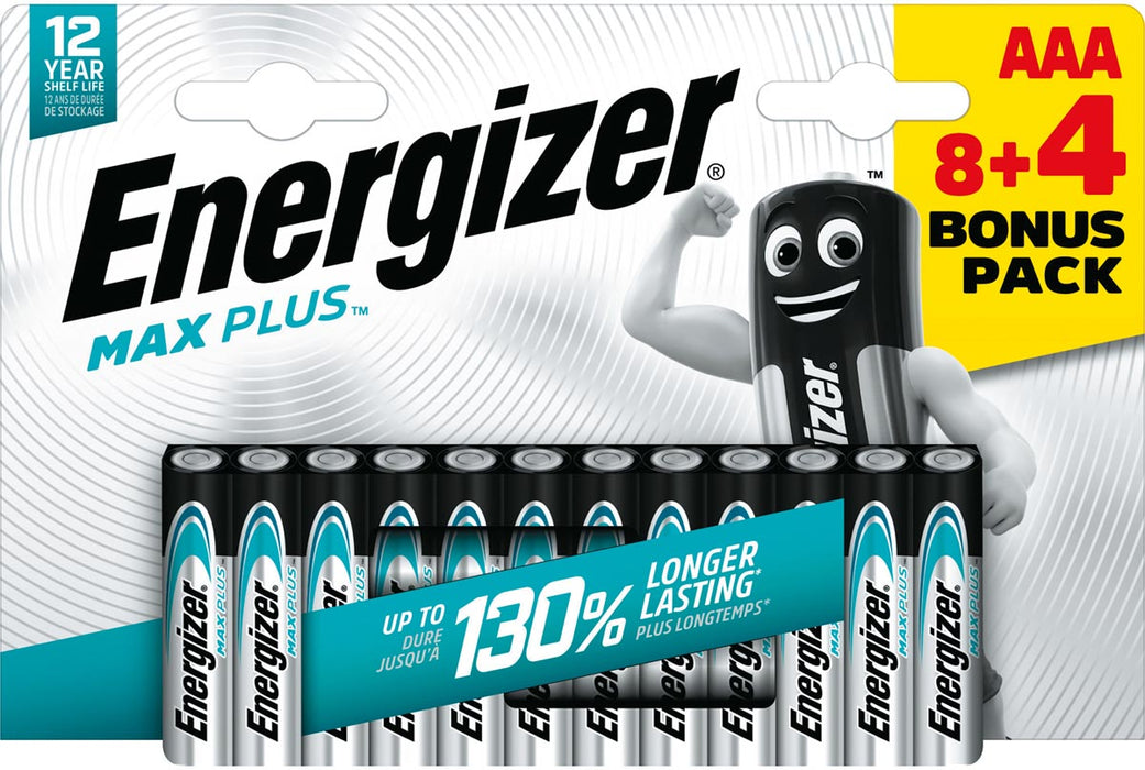 Energizer Max plus AAA batterijen, blisterverpakking van 8+4 stuks
