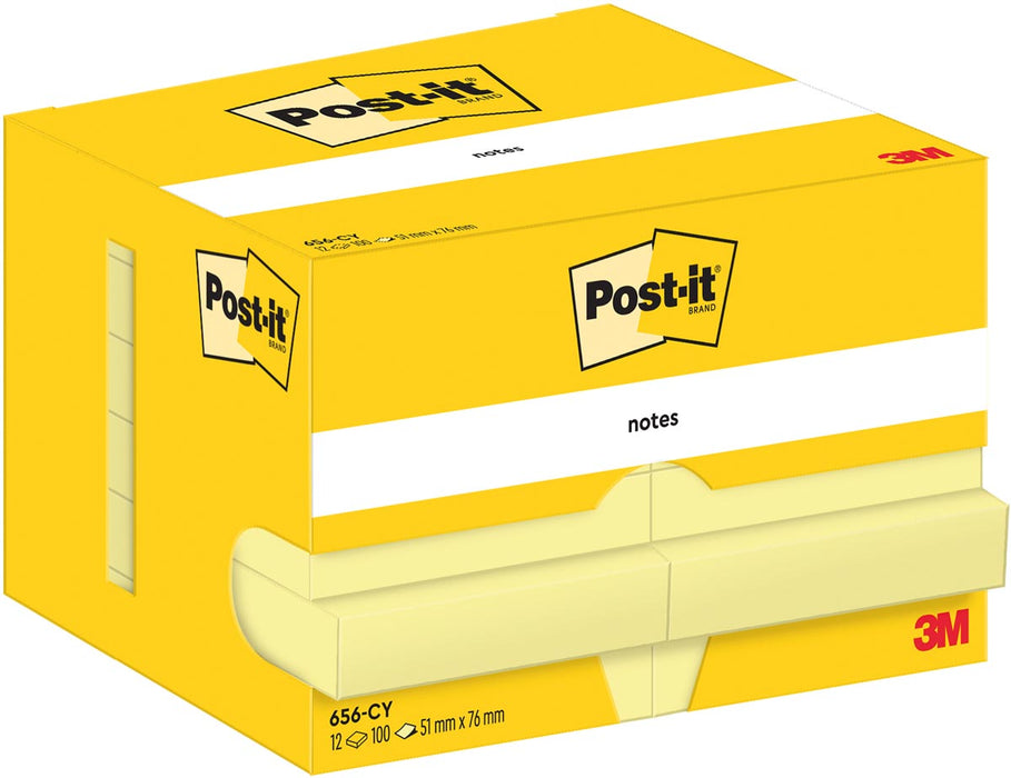 Post-It Notes, 100 vel, ft 51 x 76 mm, geel, pak van 12 blokken