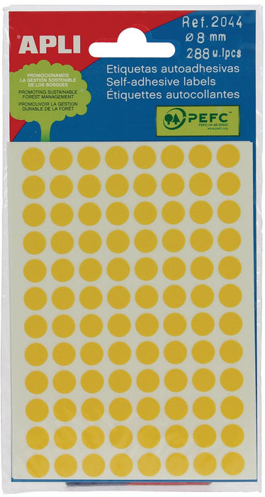 Ronde etiketten in etui diameter 8 mm, geel, 288 stuks, 96 per blad (2044)