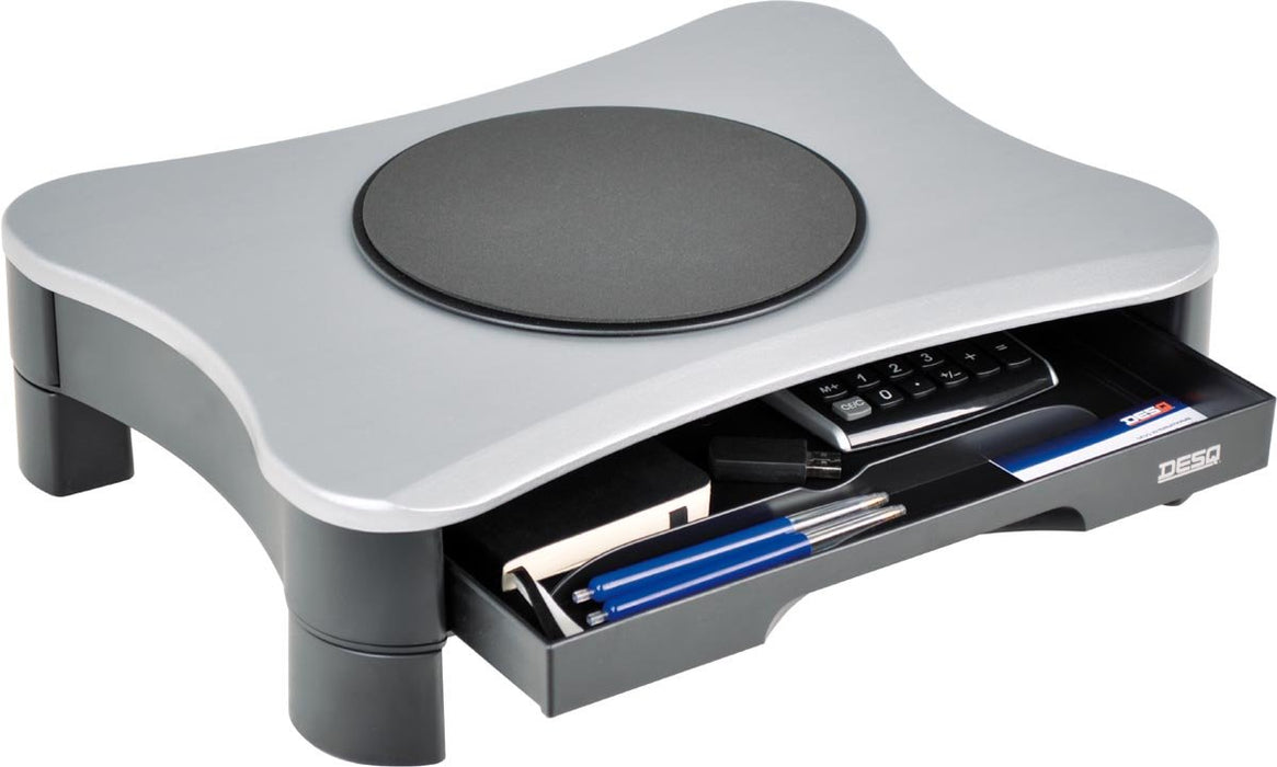 Desq monitorstandaard, met draaiplateau en 2 lades, zilver/zwart - OfficeTown