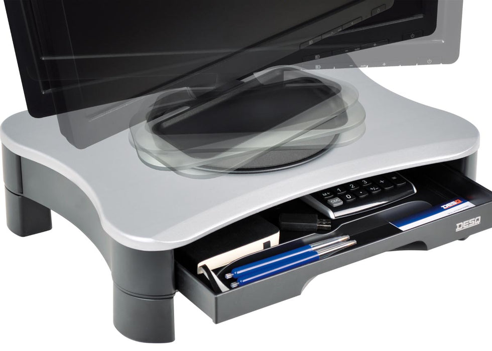 Desq monitorstandaard, met draaiplateau en 2 lades, zilver/zwart - OfficeTown