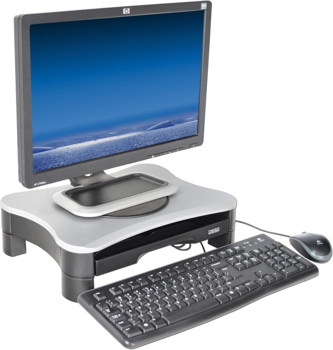 Desq monitorstandaard, met draaiplateau en 2 lades, zilver/zwart - OfficeTown