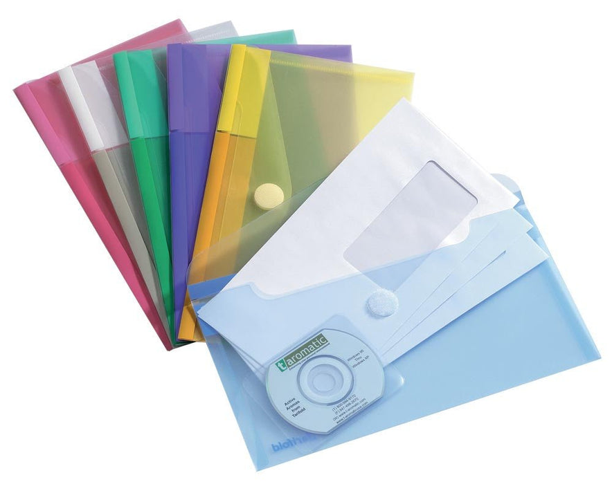 Documents Houders Assortiment in Transparant, Geel, Roze, Paars, Groen en Blauw, 25 x 13,5 cm, Pak van 6 stuks - OfficeTown