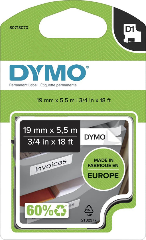 Dymo D1 permanente polyestertape 19 mm, zwart op wit - OfficeTown