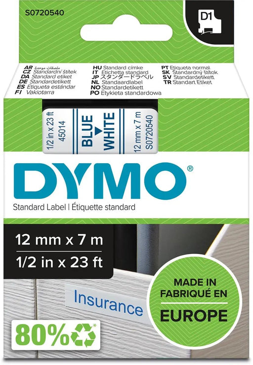 Dymo D1 tape 12 mm, blauw op wit - OfficeTown