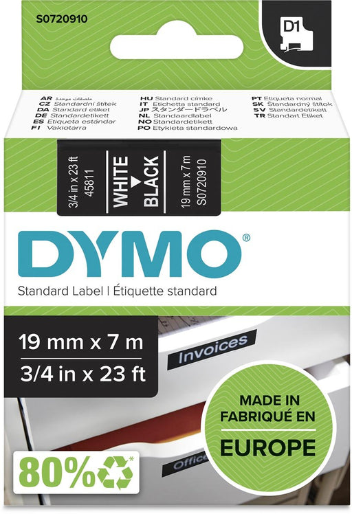 Dymo D1 tape 19 mm, wit op zwart - OfficeTown