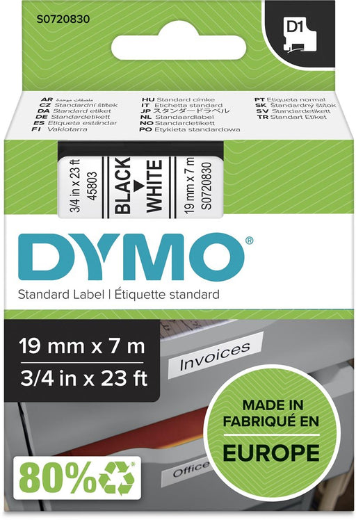 Dymo D1 - tape 19 mm, zwart op wit met linten voor diverse labelprinters - OfficeTown